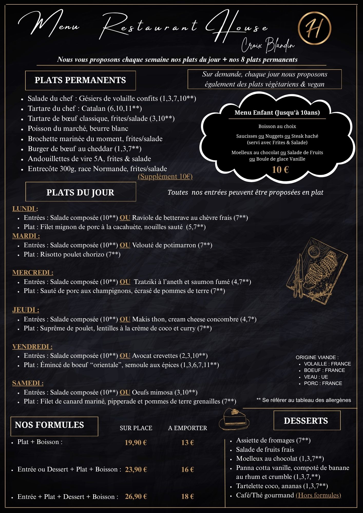 Menu Restaurant Croix Blandin