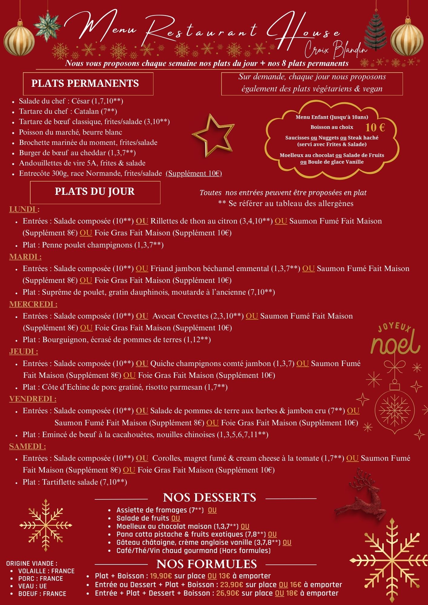 Menu Restaurant Croix Blandin