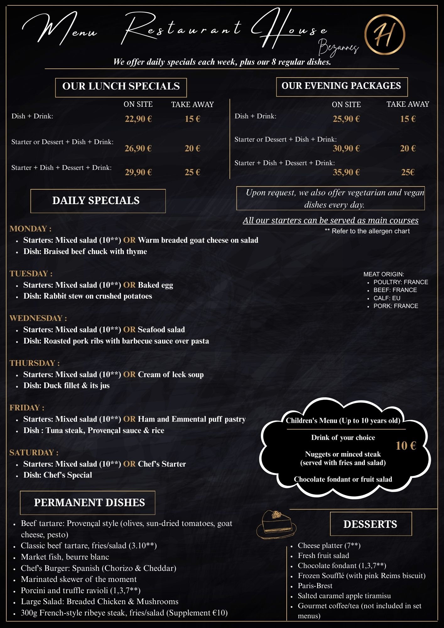 Menu Anglais Restaurant House Bezannes