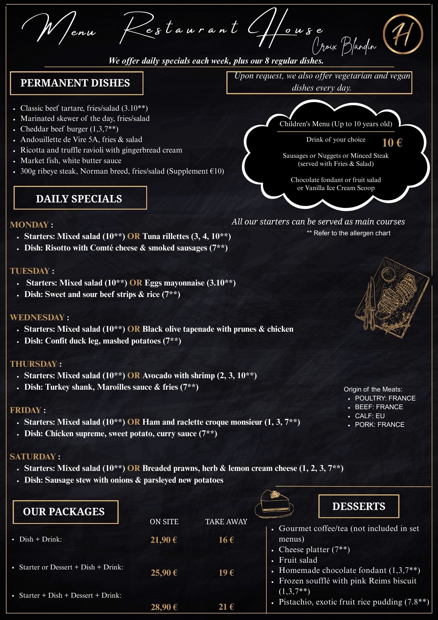 Menu Anglais Restaurant House Croix Blandin