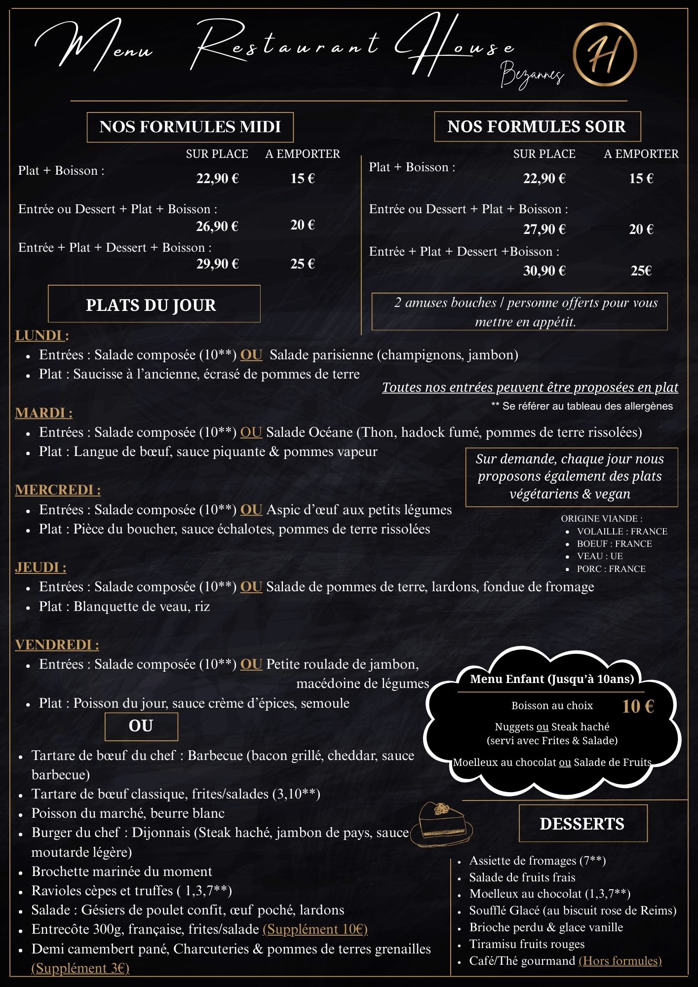 Menu Restaurant House Bezannes