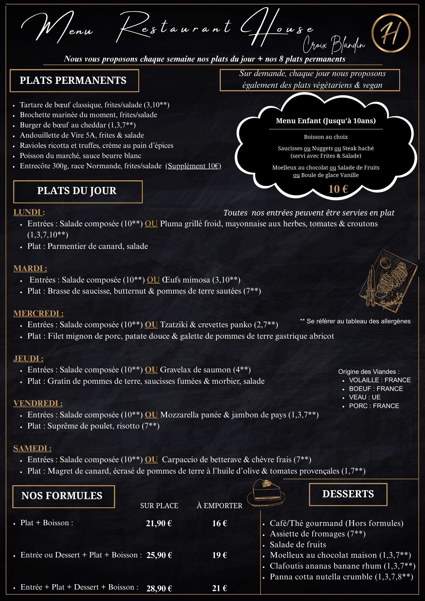 Menu Restaurant House Croix Blandin