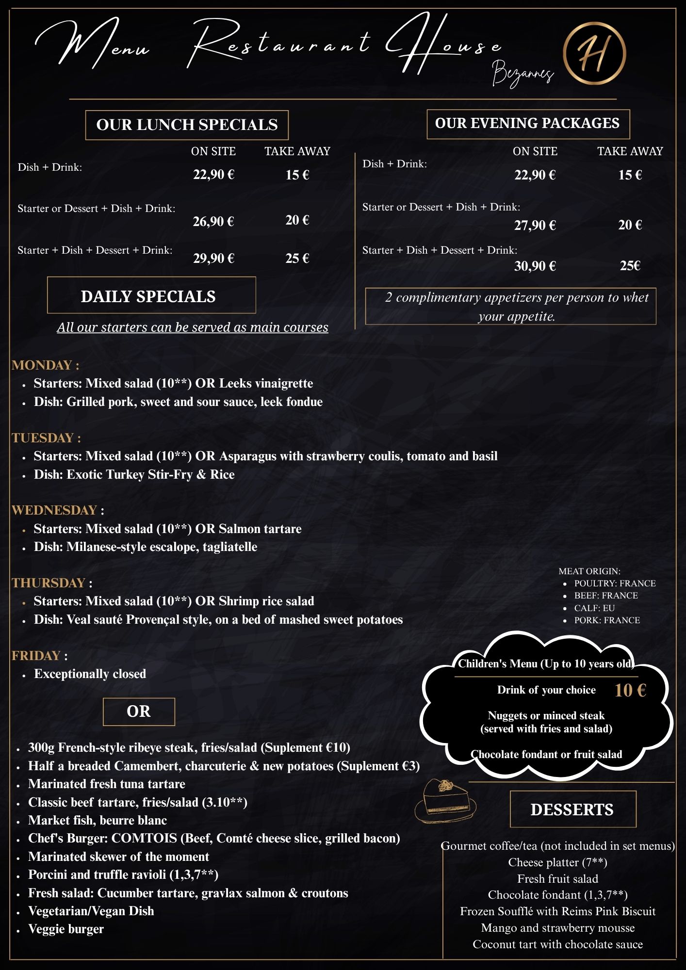Menu Anglais Restaurant House Bezannes