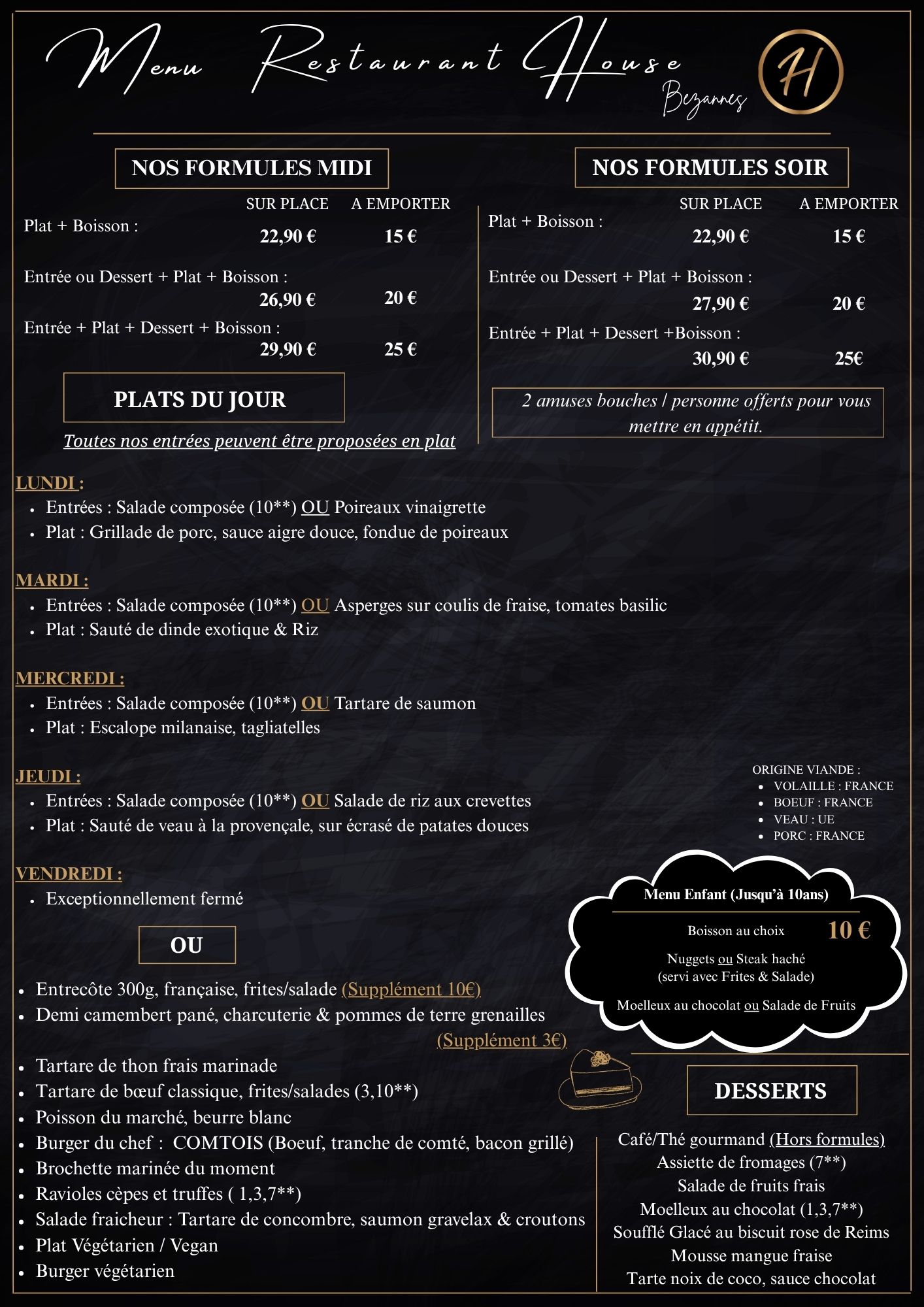 Menu Restaurant House Bezannes
