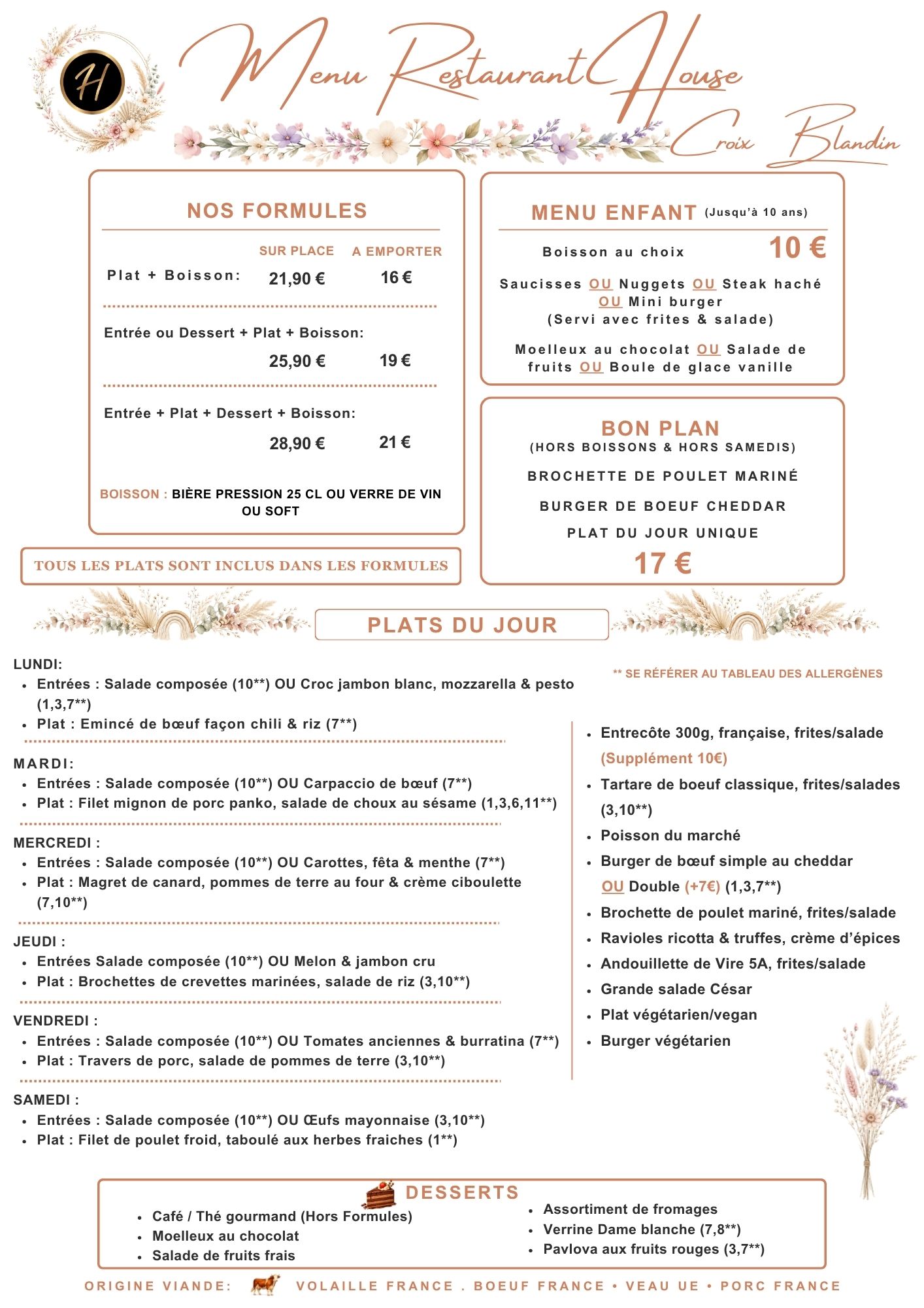 Menu Restaurant House Croix Blandin
