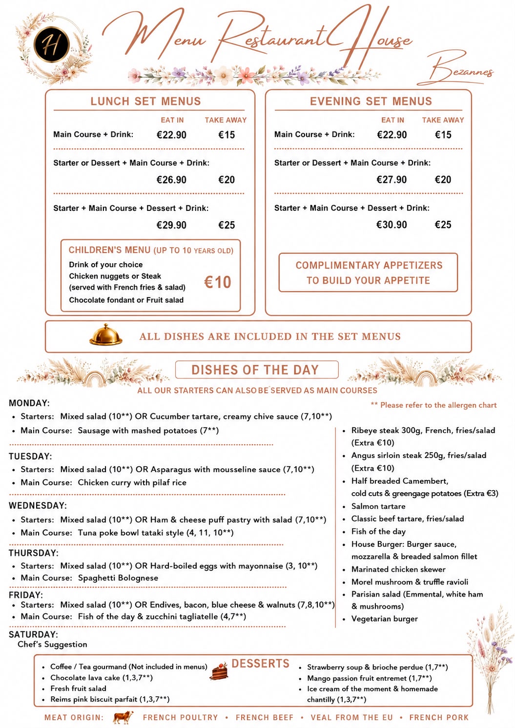 Menu Anglais Restaurant House Bezannes
