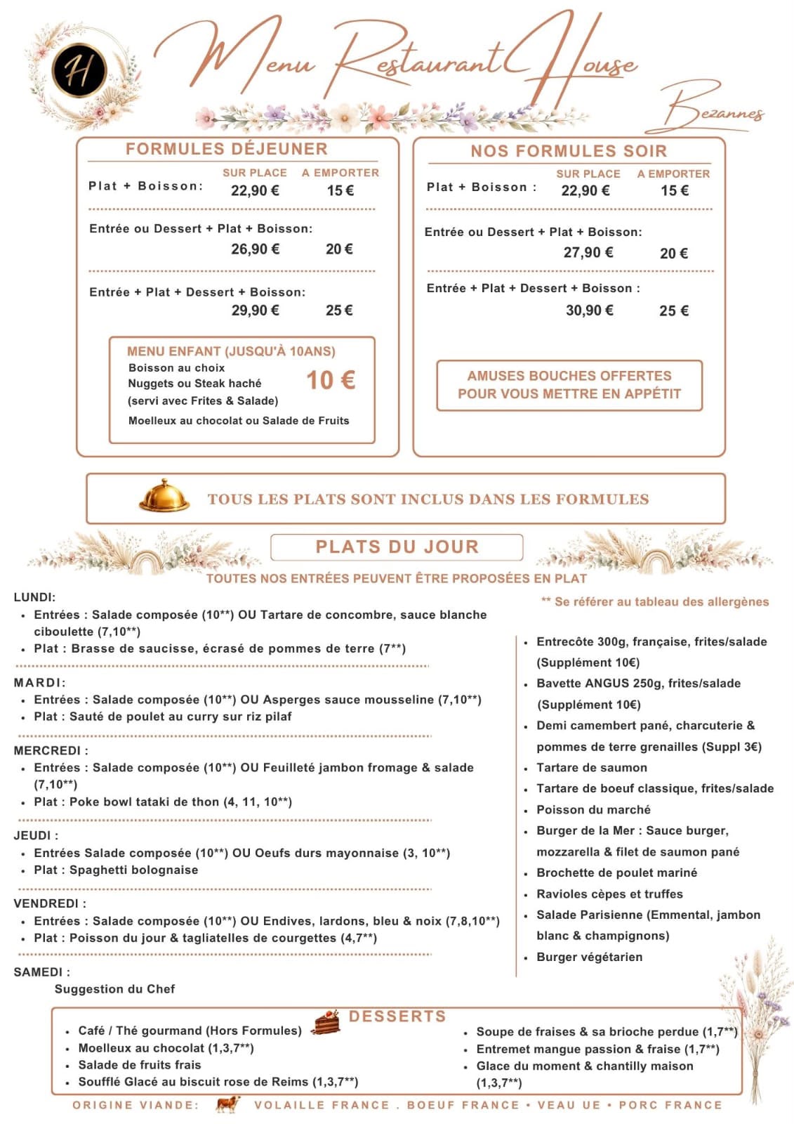 Menu Restaurant House Bezannes