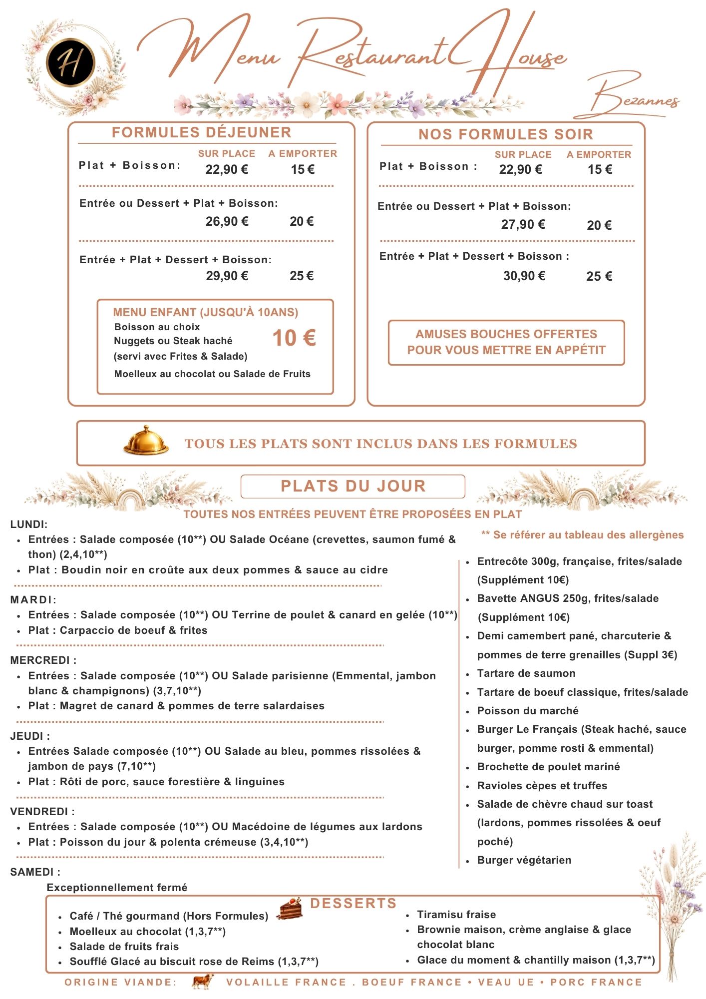 Menu Restaurant House Bezannes