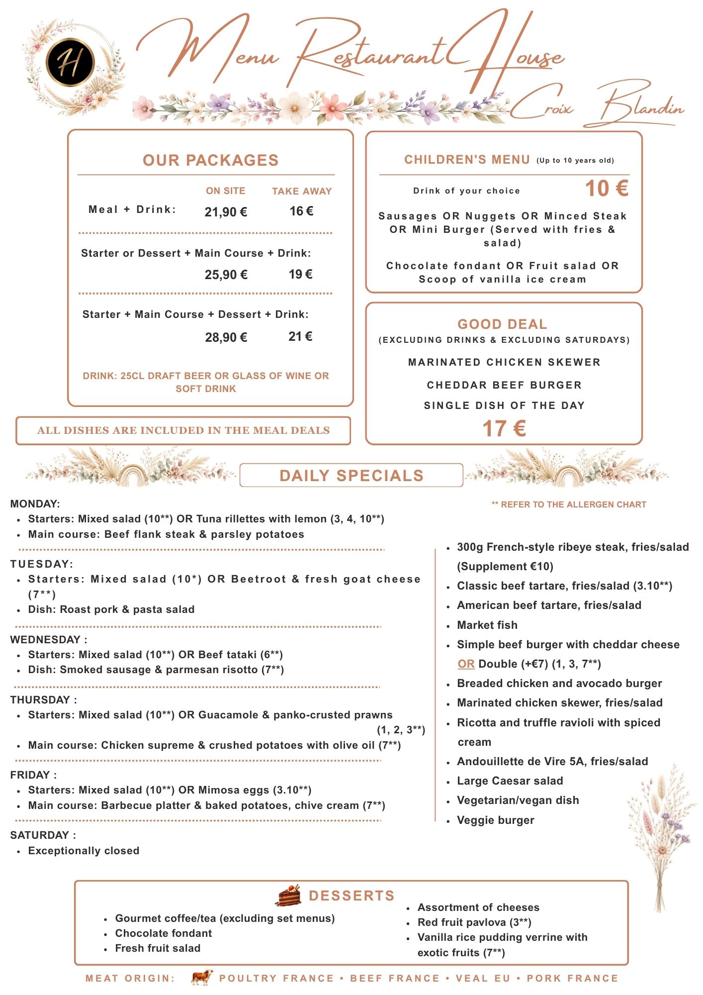 Menu Anglais Restaurant House Croix Blandin