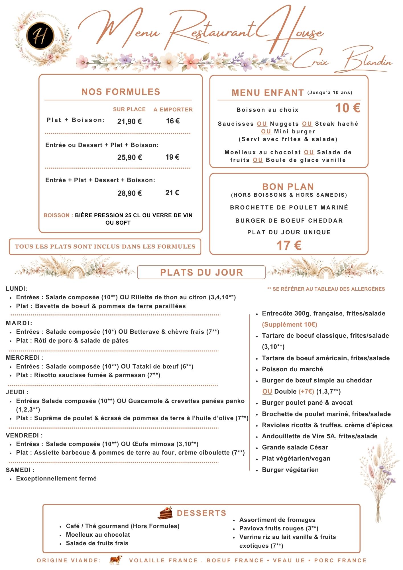 Menu Restaurant House Croix Blandin