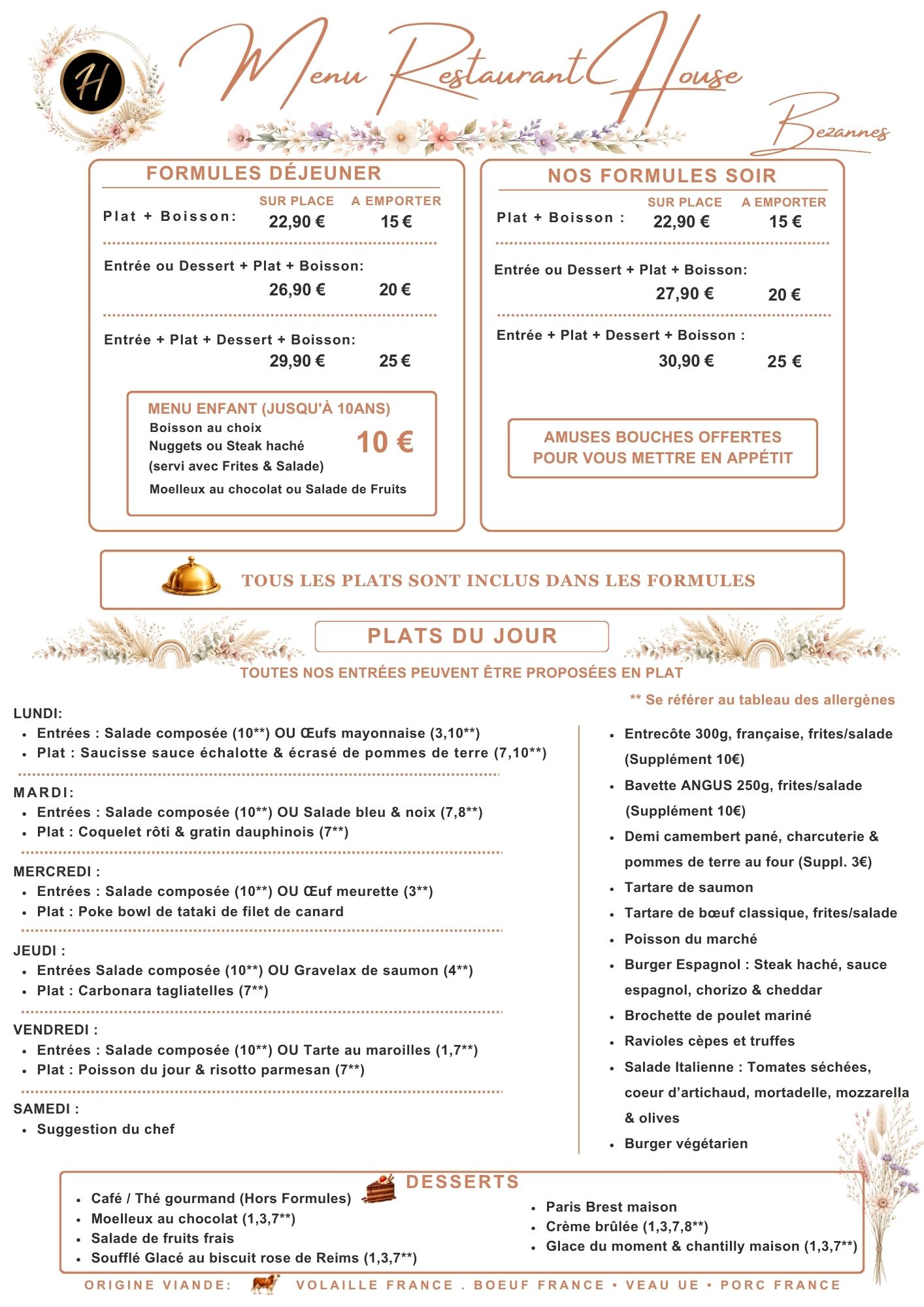 Menu Restaurant House Bezannes