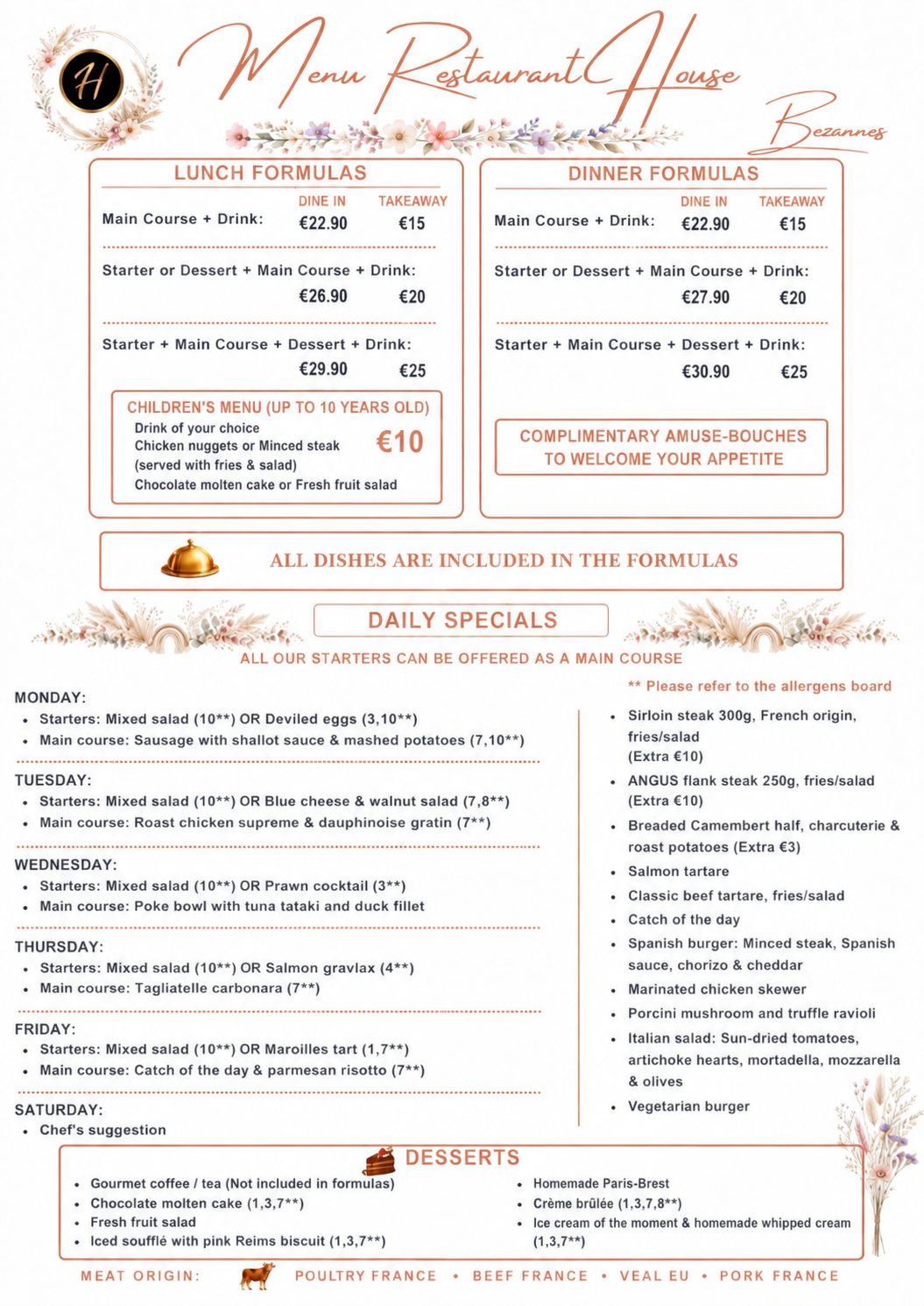 Menu Anglais Restaurant House Bezannes