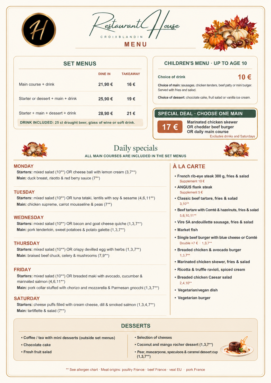 Menu Anglais Restaurant House Croix Blandin